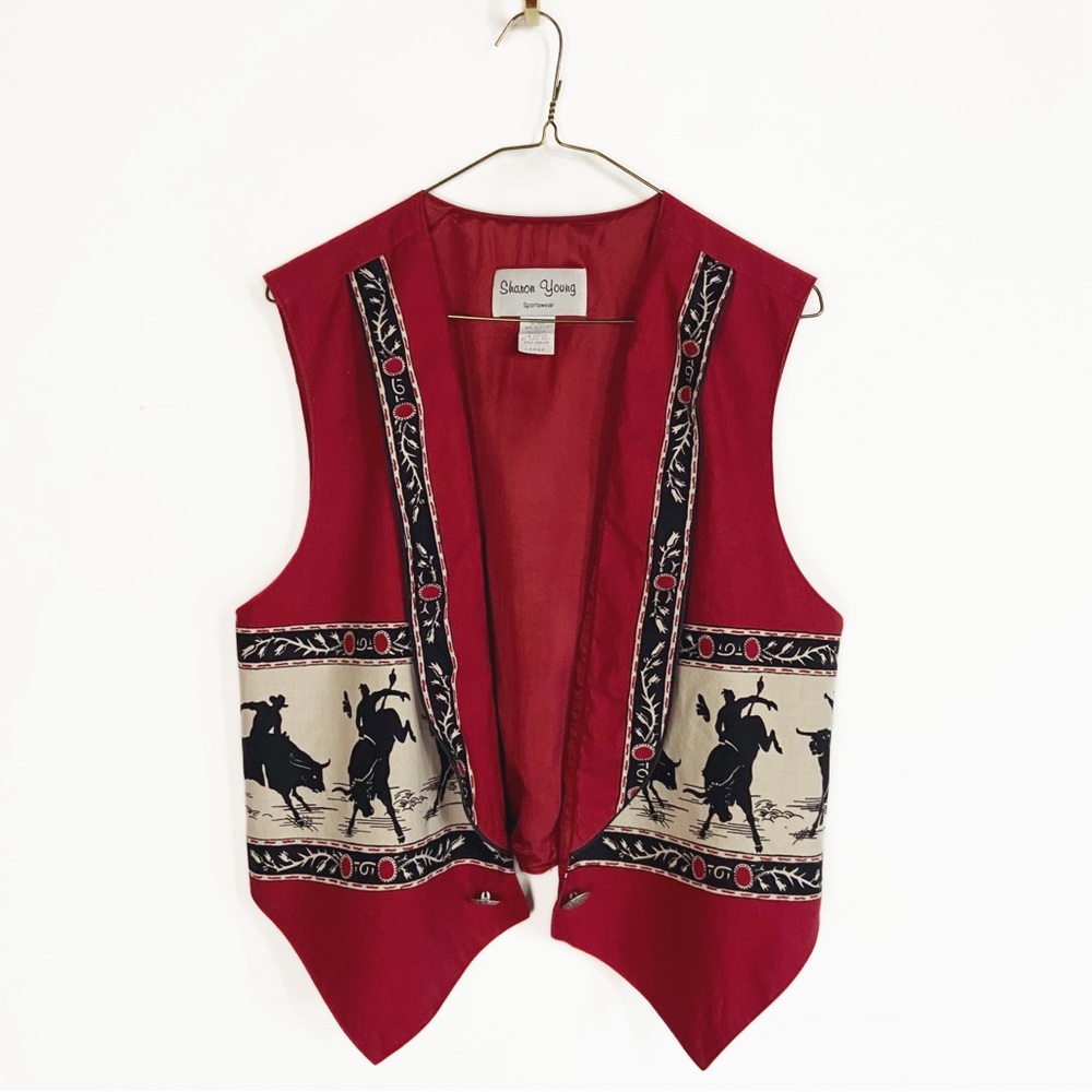 Sharon Young Womens Western Vest with Horses Red Black and Cream Cowboy size L